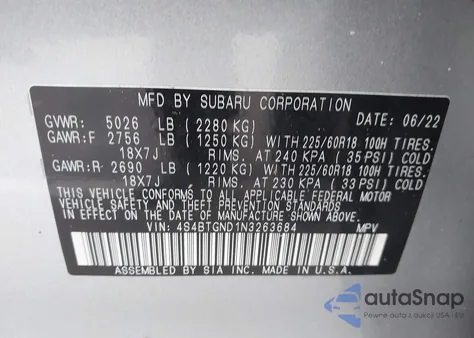 2022 Subaru Outback Limited Xt z USA, uszkodzony, nr VIN 4S4BTGND1N3263684